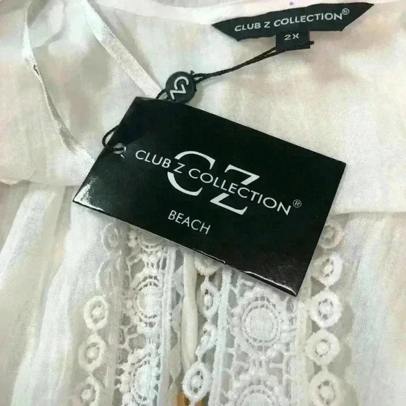 Club Z Collection Women 2X White Cotton Swim Crochet Lace Drawstring Cover Up - Picture 9 of 12